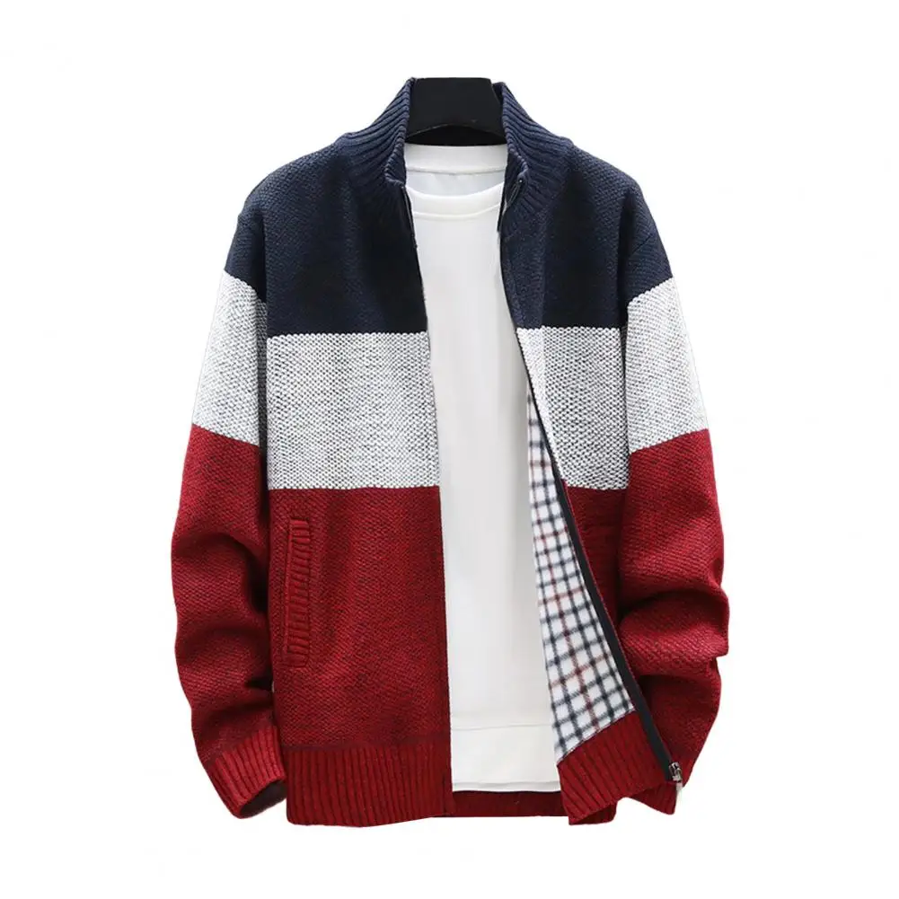 Sweater pria cuaca dingin, pria Sweater kerah berdiri dengan lapisan mewah warna cocok desain rajut Zip-up untuk sehari-hari