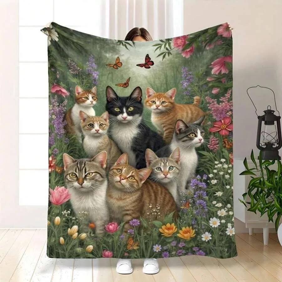 【New style】Cozy Floral Garden Cat Throw Blanket Soft, Machine-Washable Plush Cover With Whimsical Cats And Butterflies, Polyest
