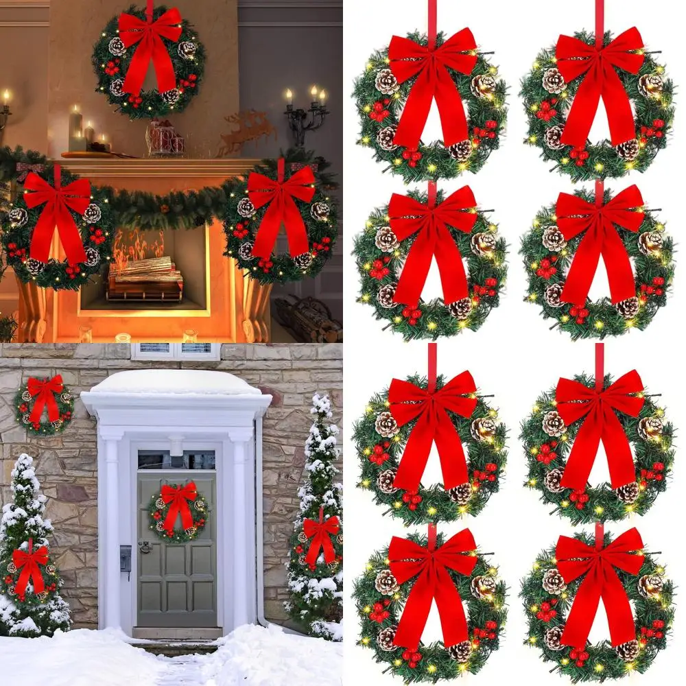 

12-дюймовый светодиодный рождественский венок на батарейках с большим бантом для праздничного декора внутри и снаружи помещений (красный)