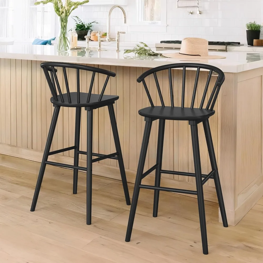 

Wood Bar Stools with Semicircular Backrest, Black Farmhouse Barstools Set of 2, Modern Counter Height Bar Stools for Kitchen Is