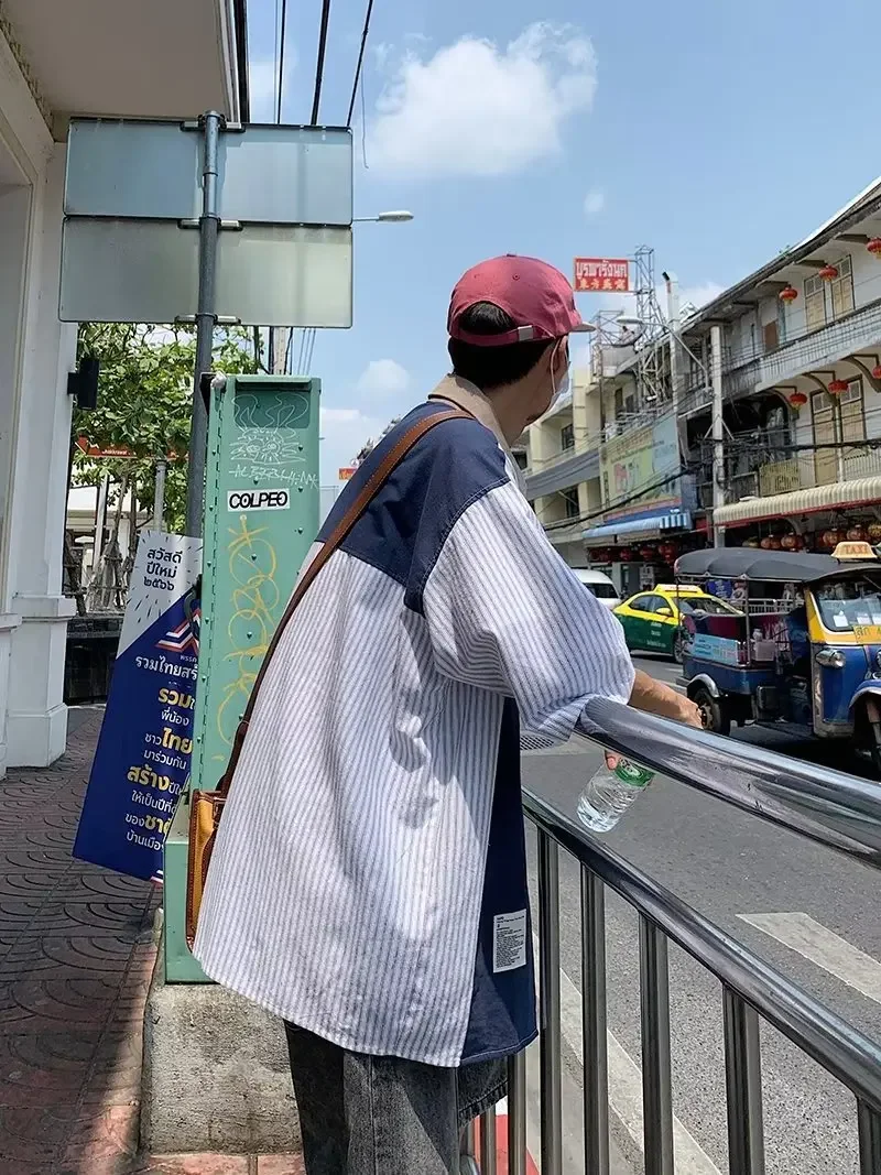 Summer New Amikaki Style Thin Striped Patchwork Short Sleeved Shirt For Men Retro Fashion Loose Casual Men's Shirt Y2k Clothing