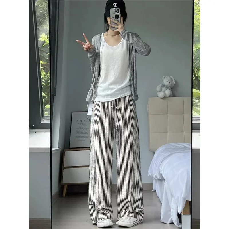 

Американские ретро-брюки в полоску свободного кроя с широкими штанинами, повседневные, женские, на раннюю весну, маленький размер, стройнящие, длинные брюки