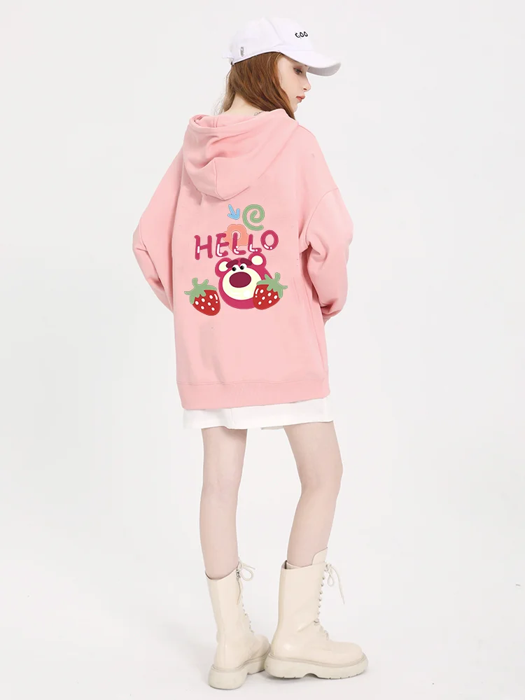 Disney Cartoon Bear Strawberry Bear Printed Hoodie for Men and Women Couples Cartoon Bear Leisure Sports Street Hoodie