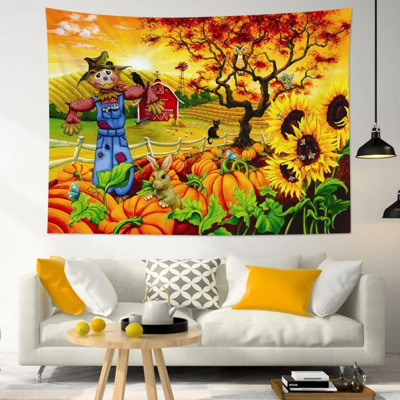 

Autumn Farm Scarecrow Pattern Tapestry Thanksgiving Party Background Decoration