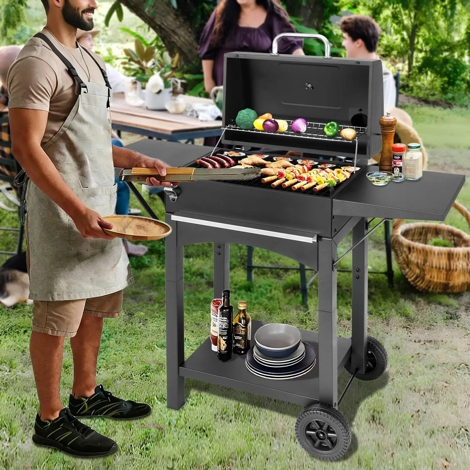 Outdoor Backyard Camping Picnic Beach Charcoal Grill with 2 Side Tables, 343 Sq.in. Cooking Area