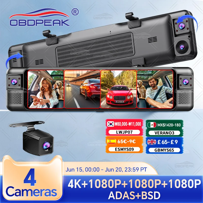 Câmera de painel de 4 canais 360 °   11 "4K + 1K + 1K + 1K WIFI Espelho Retrovisor Gravador de Vídeo Carro DVR ADAS BSD Visão Noturna 24H Monitor de Estacionamento