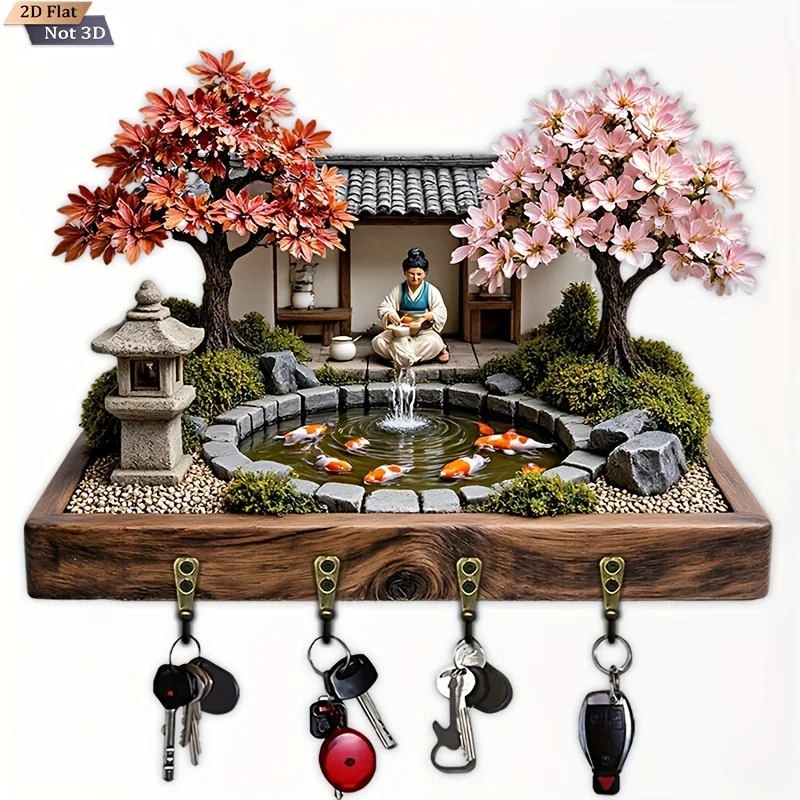 Single-Piece Japanese Garden Key Rack | Wooden Multifunctional Decorative Key Holder with Four Metal Hooks, Wall and Room
