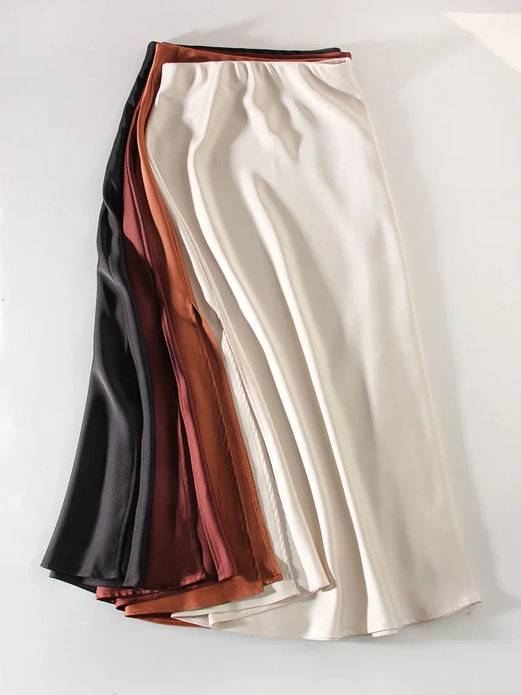 Streamgirl Maxi Solid Slit Skirts For Women Long Elegant Summer Office Champagne Satin Skirts Elastic Waist Women's Summer Skirt