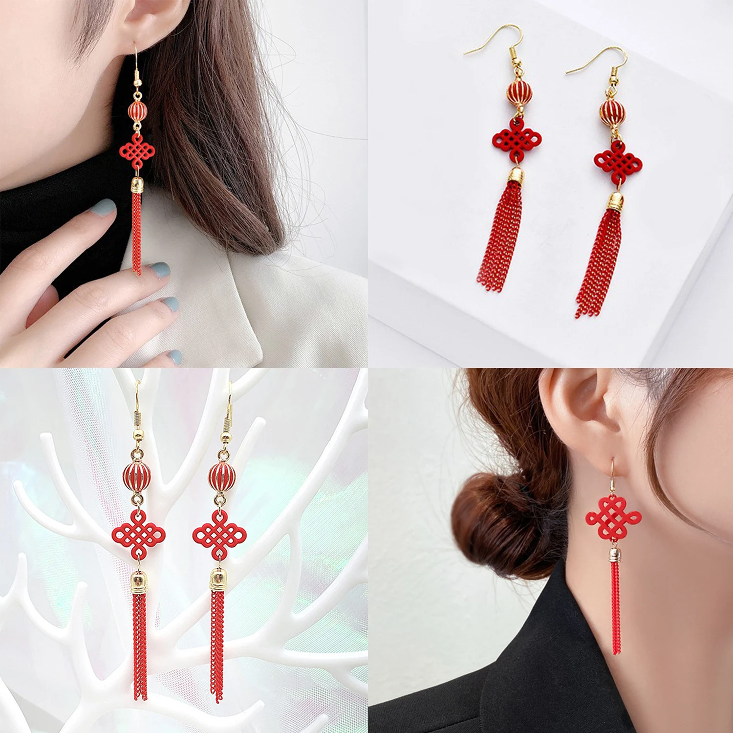 Boucles d'oreilles de style chinois pour femmes, accessoires de nouvel an, lanterne à nœud rouge, crochet d'oreille de luxe, bijoux créatifs, mariage, nouveau, 2024