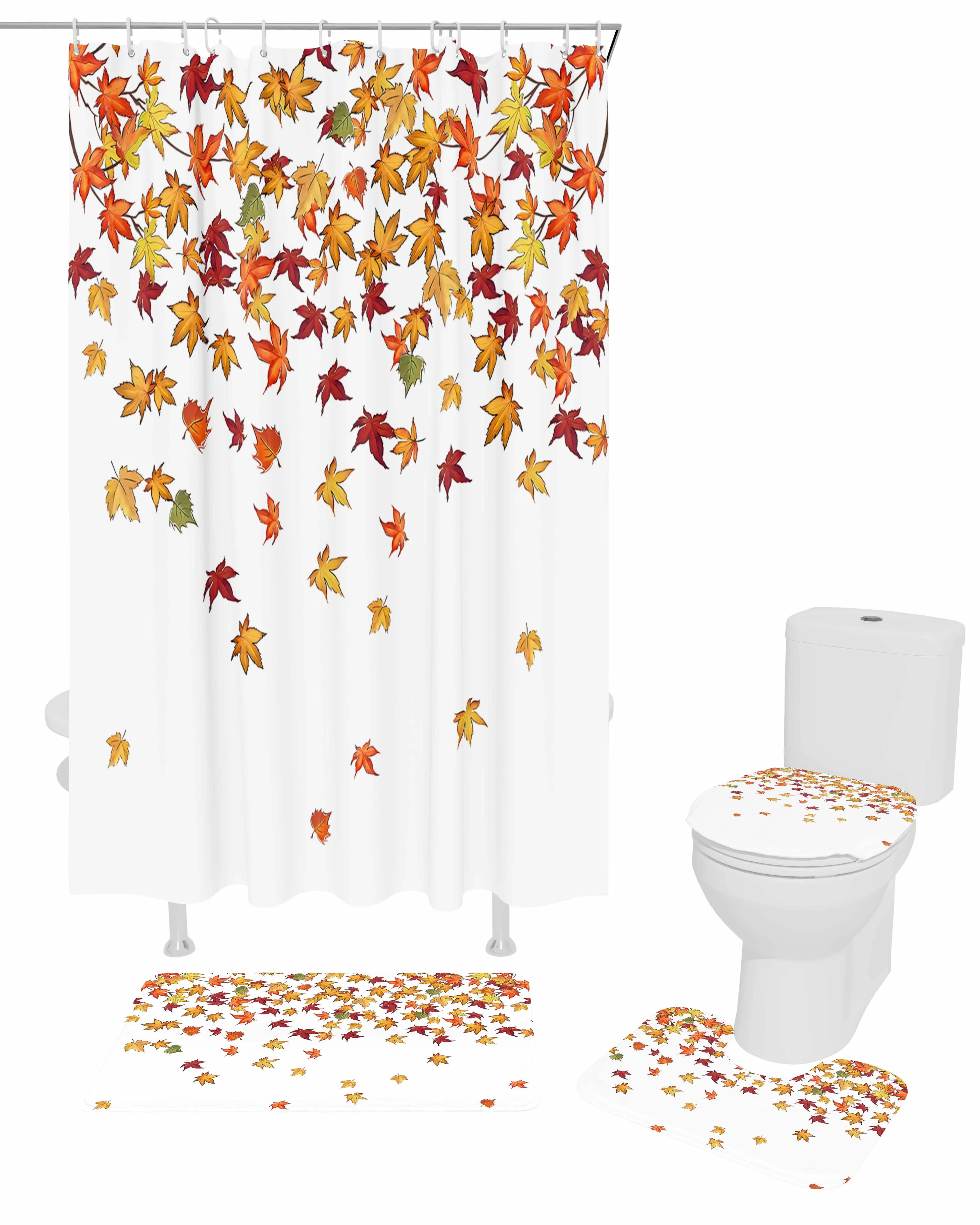 Leaf Maple Leaf Polyester Printed Shower Curtain Bathroom Set Luxury Curtain Abstract 4-piece Set Coral Velvet Foot Mat