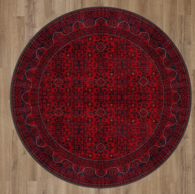 Red Vintage Style Round Rug Antique Look Teppich Round Area Rug Turkish Distressed Large Rug for Living Room Rugs Decoration