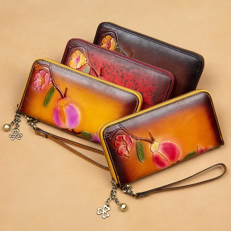 

New RFID Ladies Wallet Casual Top Layer Cowhide Female Hand Clutch Single Zipper Wallet Long Zipper Bag for Women Purse