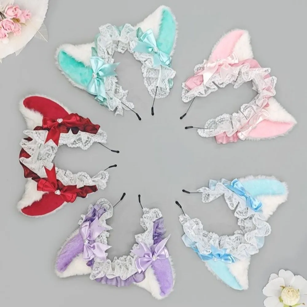 New Lolita Cat Ear Headband Handmade Furry Hair Band Bow Lace Simulation Animal Ears Hairband Girls