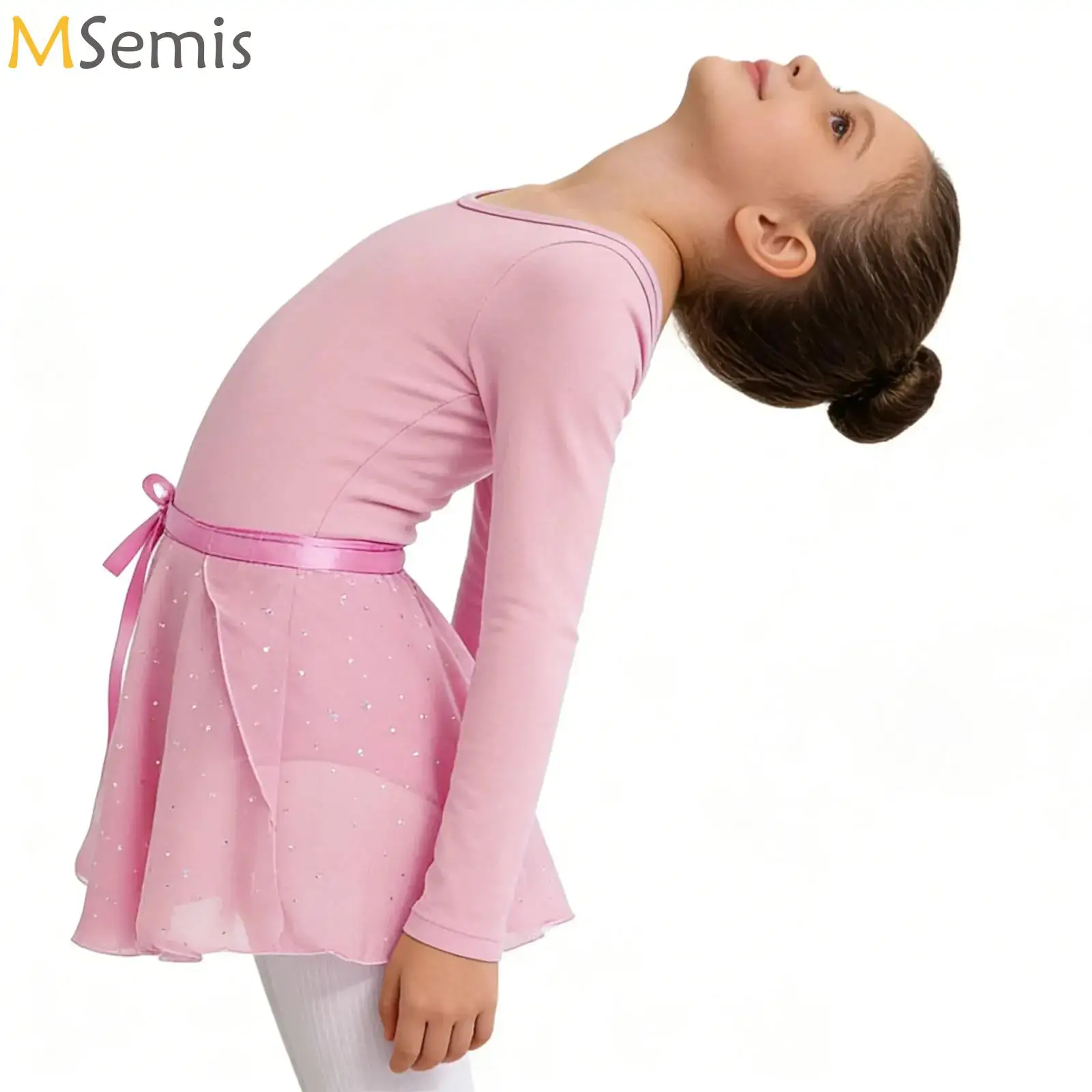

Girls Ballet Dance Suit Gymnastics Outfit Crisscross Back Long Sleeves Leotard with Sequins Skirt for Performance Competition