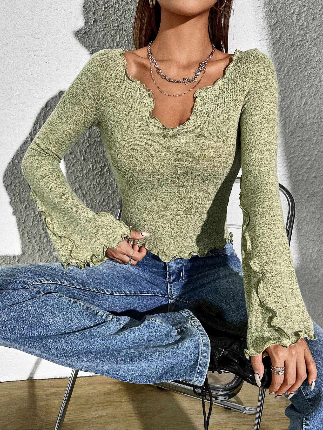 2026 New Women Stylish Raw Edge Bell Sleeve Slim Crop Top Elegant Casual Tops