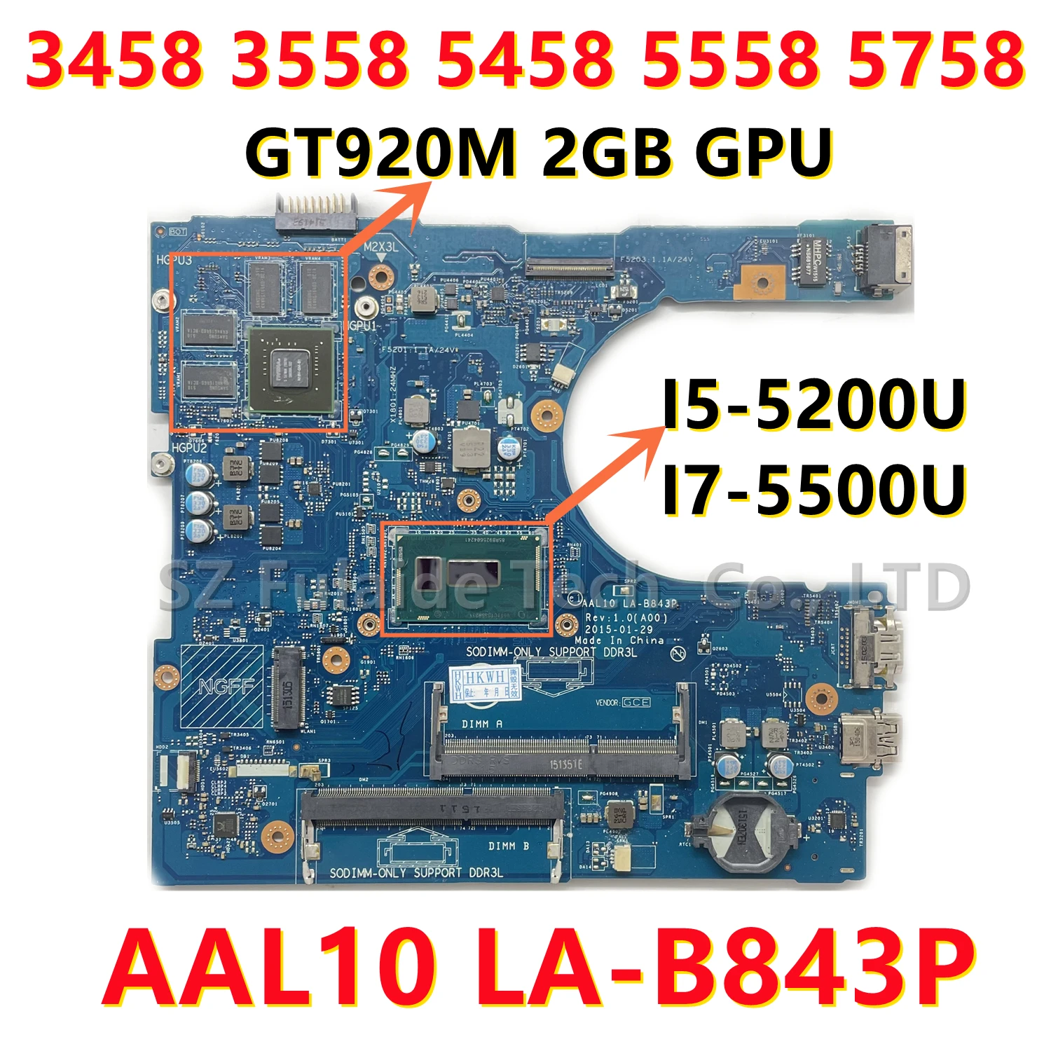 AAL10 LA-B843P For dell Inspiron 3458 3558 5458 5558 5758 Laptop Motherboard I5-5200 I7-5500 CPU GT920M 2GB GPU CN-01WHF7 0V2X3C