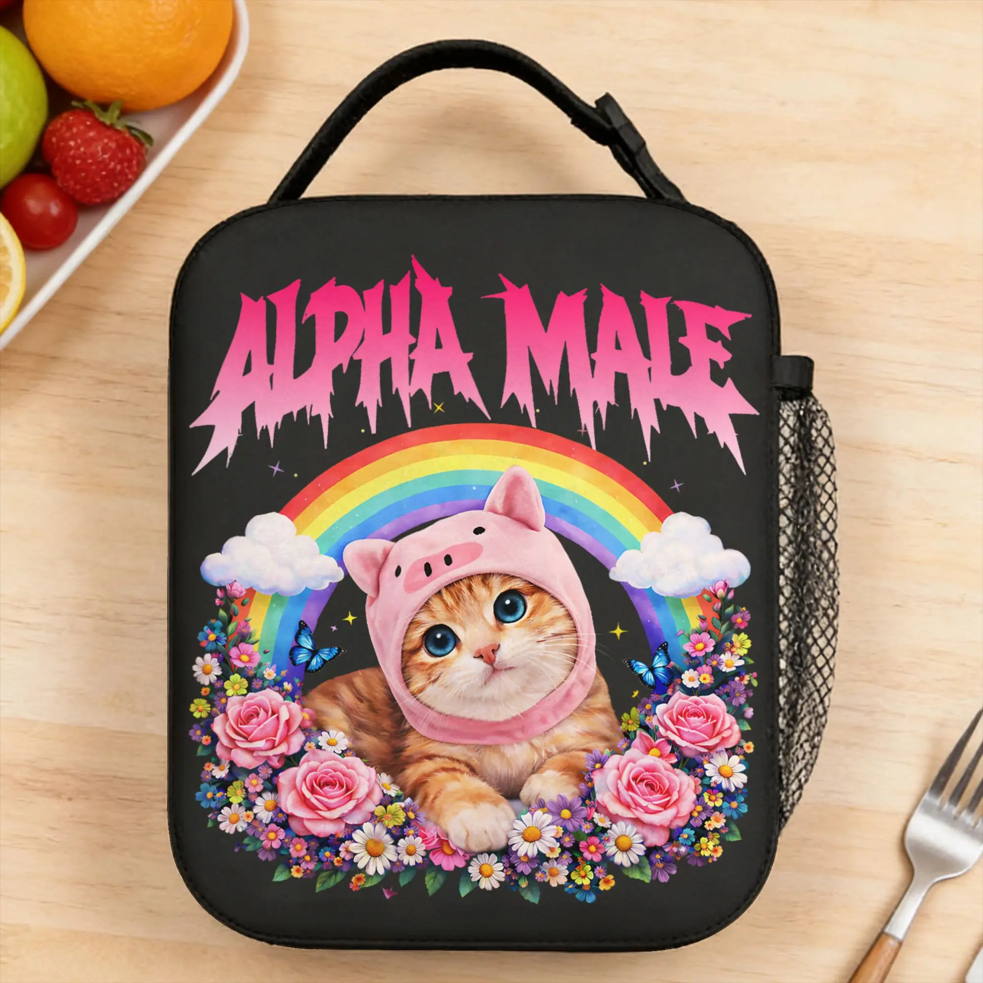 

Сумка для обеда с забавным котёнком и радужным цветочным принтом Alpha Male, портативный ланч-бокс, мужская офисная сумка-холодильник, ретро-сумка для еды, водонепроницаемая сумка-тоут