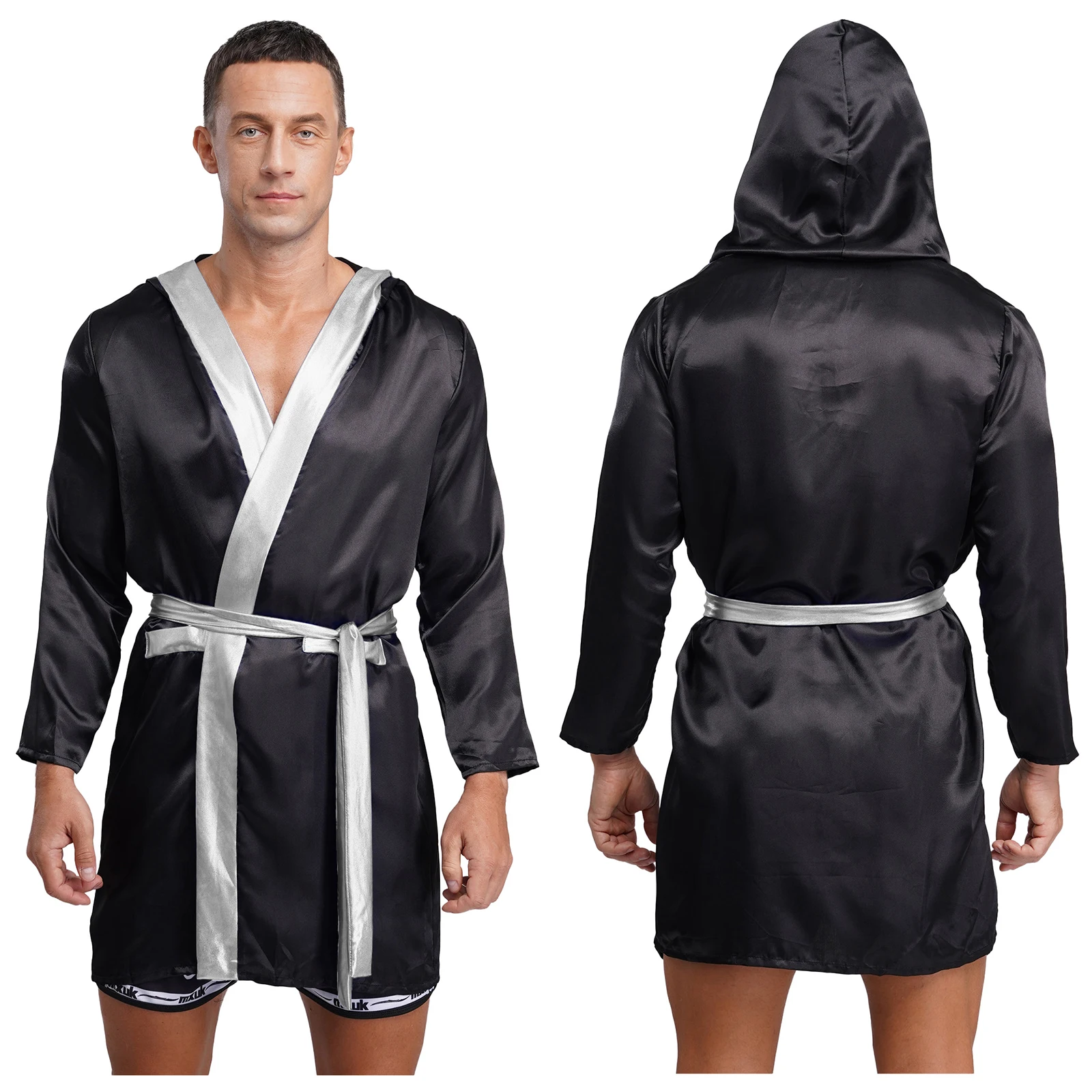 Mannen Halloween Carnaval Boxer Cosplay Kostuum Lange Mouw Open Voorzijde Metallic Glanzend Satijn Boksgewaad Kapmantel met Riem