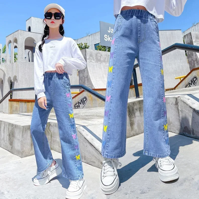 

Children Jeans for Girls Clothes Spring Autumn Kids Denim Pants Teenage Girls Loose Fashion Butterfly Print Wide Leg Pants