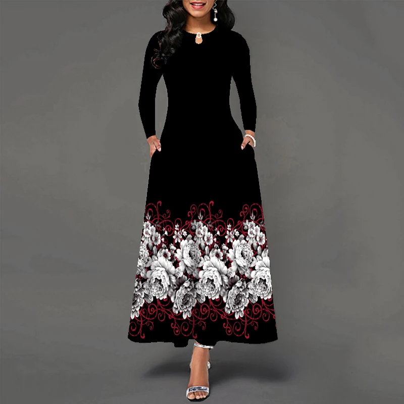 2023 New Lady Autumn Winter Black Long Dress Women Floral Print long Sleeve V-neck Zipper Elegant Dresses Party Maxi Dress