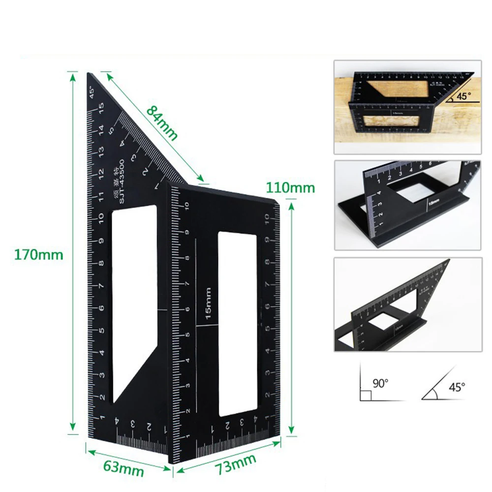 Alumínio Alloy Woodworking Angle Ruler, 45, 90 Graus, Medidor Multifuncional, Tirangular, Ferramentas de Medição
