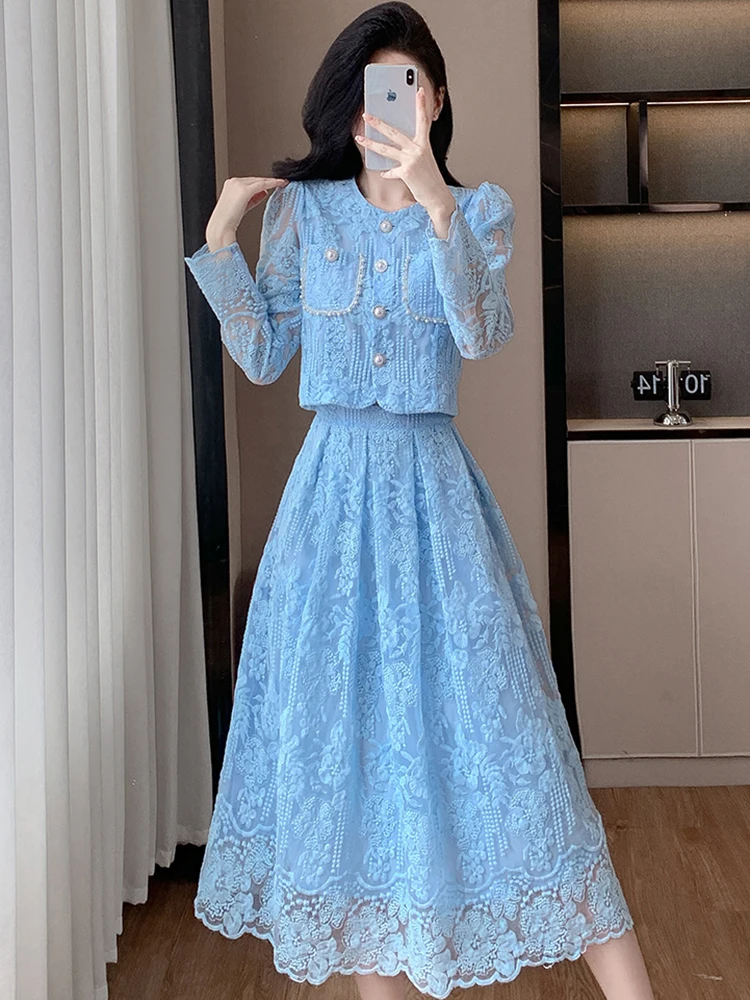 2024 Autumn New Women Elegant Lace Two Piece Sets Women Single Breasted Embroidery Flower Lace Long Tops+A-line Mesh Skirt Suits