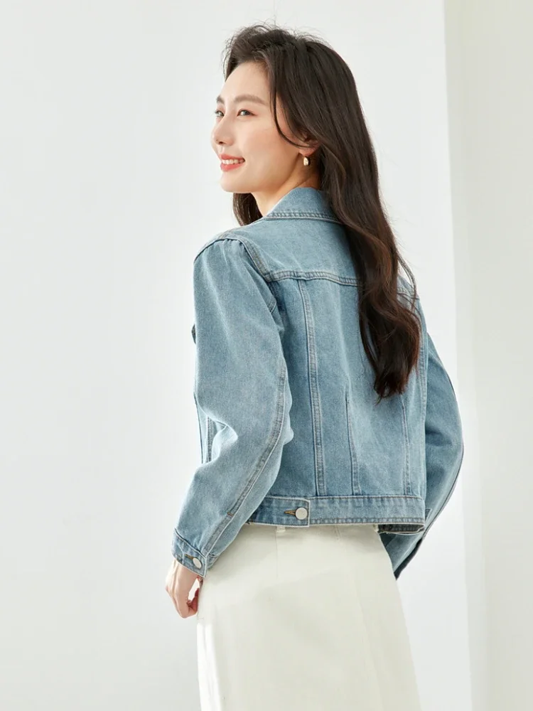 VIMLY Vintage Cropped Denim Jacket for Women 2026 Casual Soft Washed Denim Coat Female Fashion Outerwear Spring Clothes 70672 - Detail 1