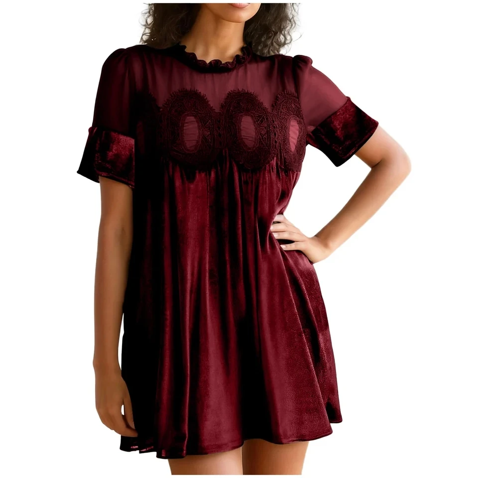 

New Short Sleeve Velvet Dress For Women Lace Mesh Patchwork Mini Dress Female Elegant Ladies Party Dresses Vestidos Para Mujer