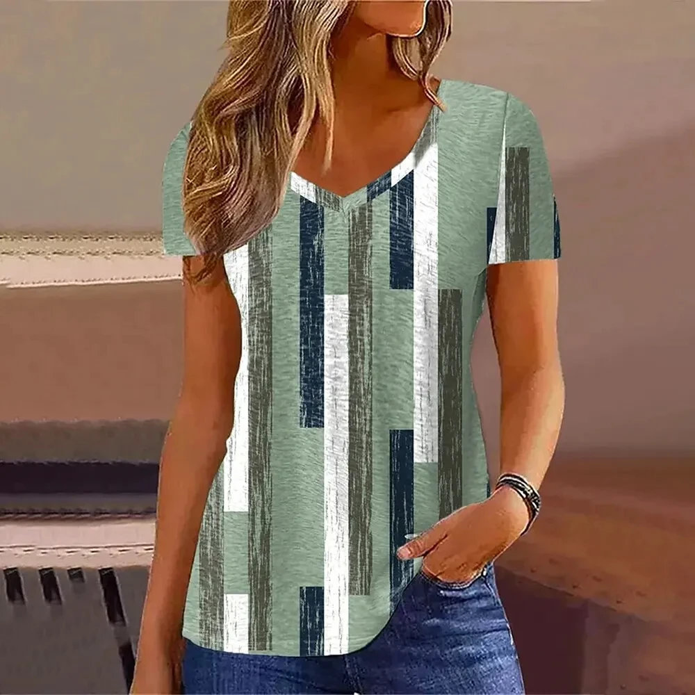 

New Women's T-Shirt Summer V-Neck Tee Loose Casual Top Stripes Funny Printed Female Clothing Streetwear Women Pullover T Shirts