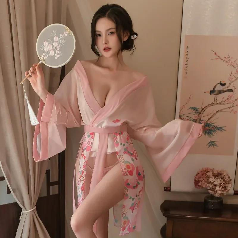 Top Fashion Sexy Wide Sleeved Shirt Hanfu Pajama Uniform Set Open Cut Chiffon Skirt Women Ancient Style Nightgown Lingerie Dress