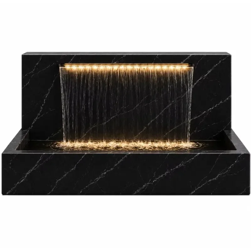 White Marble Freestanding Modern Outdoor Decor Rectangle Stacked Water Landscape with LED Lighting Polished Finish 60cm