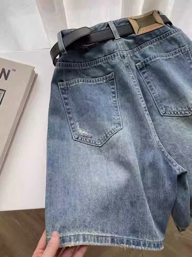 S-4XL Holes Women Short Denim Pants 2025 New High Waist Summer Wide Leg Pants Zipper Fly Casual Female Jeans Shorts