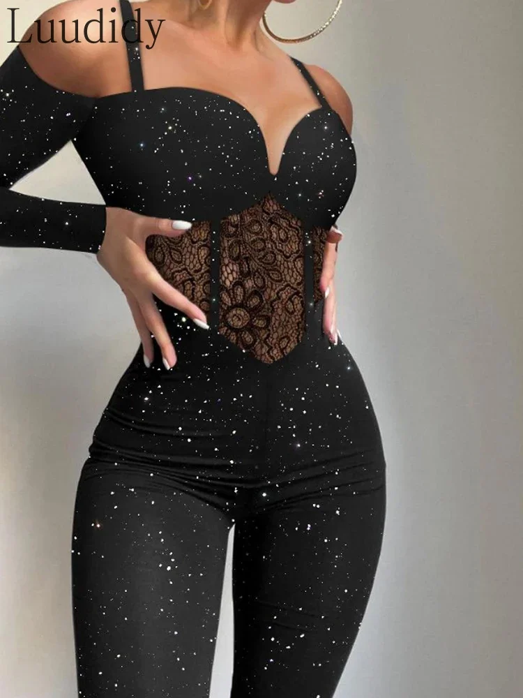 

Women Glitter Cold Shoulder Shiny Lace Corset Jumpsuit