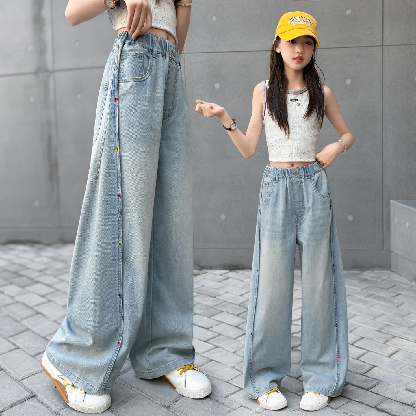 Simple Style Blue Denim Jeans for Girls 4-14Y Loose Fit Casual Loose Pants Spring Summer Embroidery Daily Wear for Kids Tweens