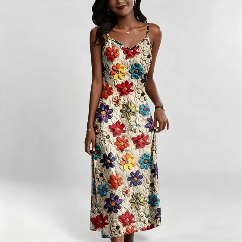 Bohemian Style Summer Floral Dress Spaghetti Straps V-neck Women's Sleeveless Dress Mid-length L-3XL Camisole Dress
