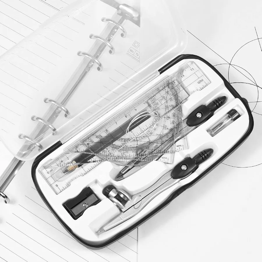 Juego de geometría matemática de 10 piezas negro: con caja de almacenamiento inastillable y brújula