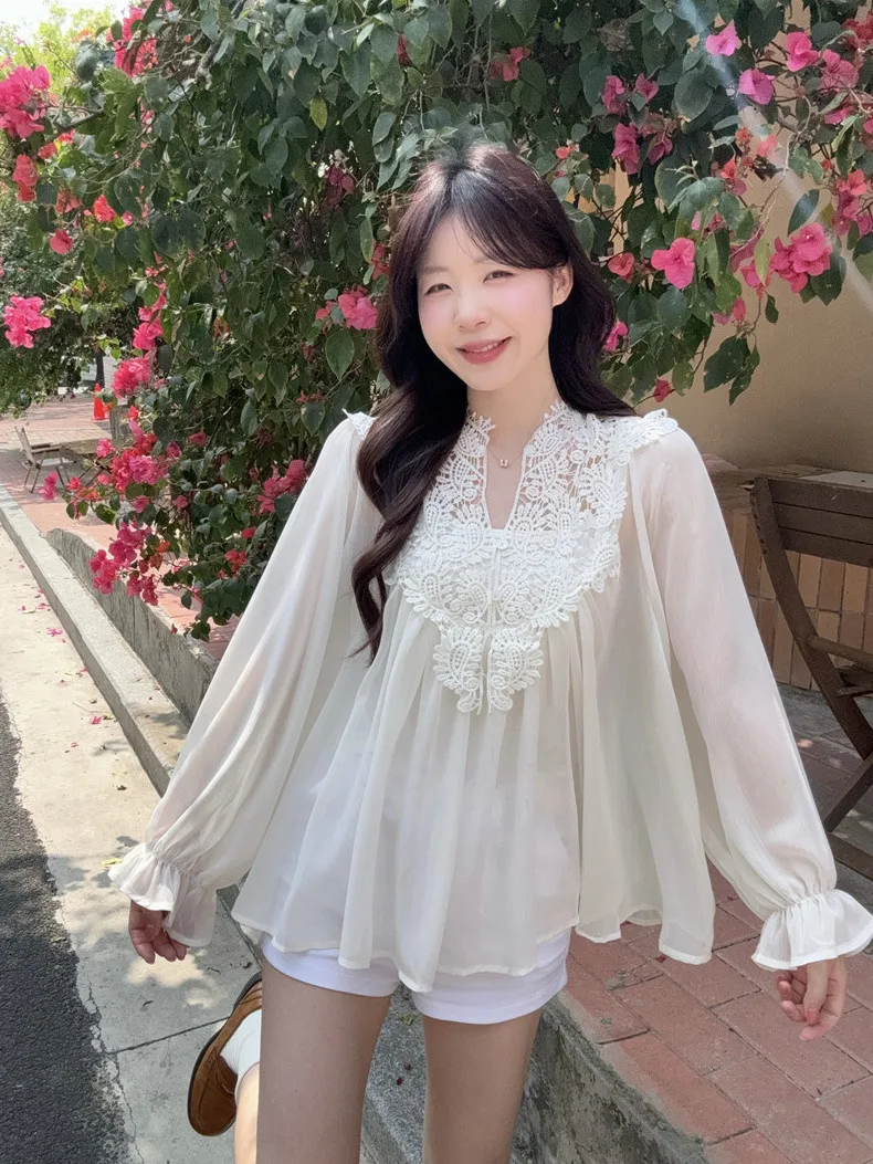 

Early Spring Lace Trim Shirt And Vest Set Women's Long Sleeve Pure Color Camisole Two Piece Suit Elegant Fashionable Inner Wear