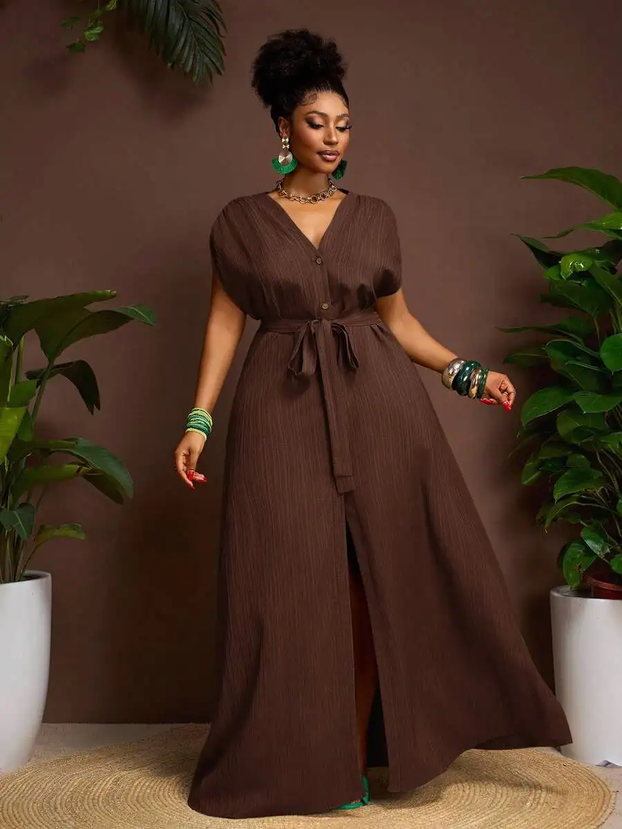 

Plus Size Solid Color Front Button Belted Short Sleeve Maxi Dress