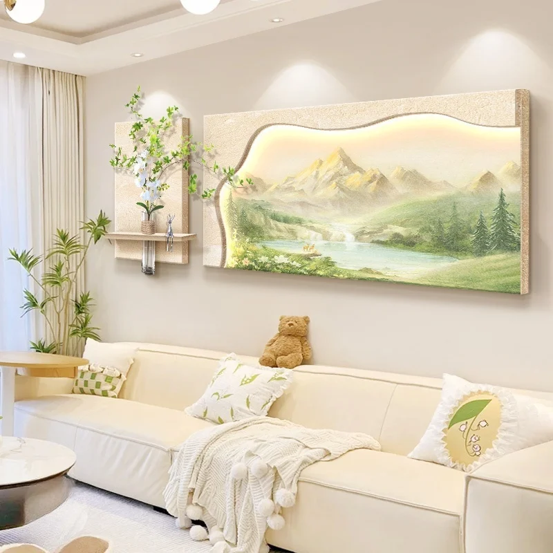

Simple Living Room Decoration Painting Natural Wood Sunshine Sofa Background Wall Hanging Painting High-End Landscape Wall Lamp