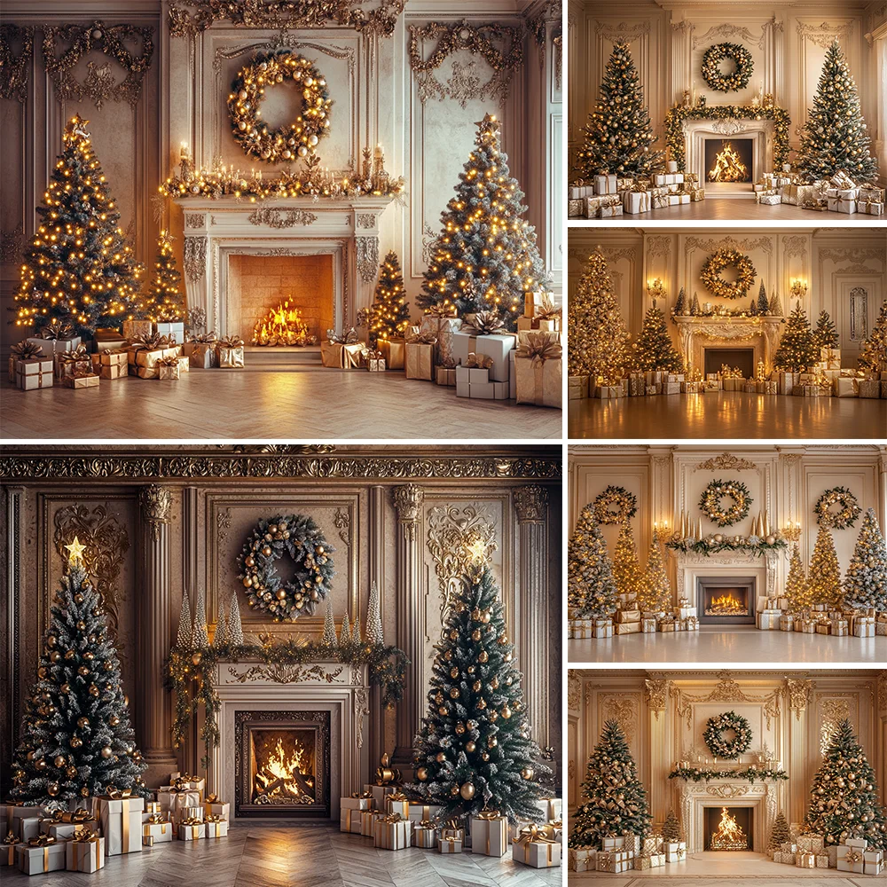 Christmas Photography Backdrop Xmas Tree Fireplace Gift Winter Window Family Kids Party Christmas Decoration Photo Background