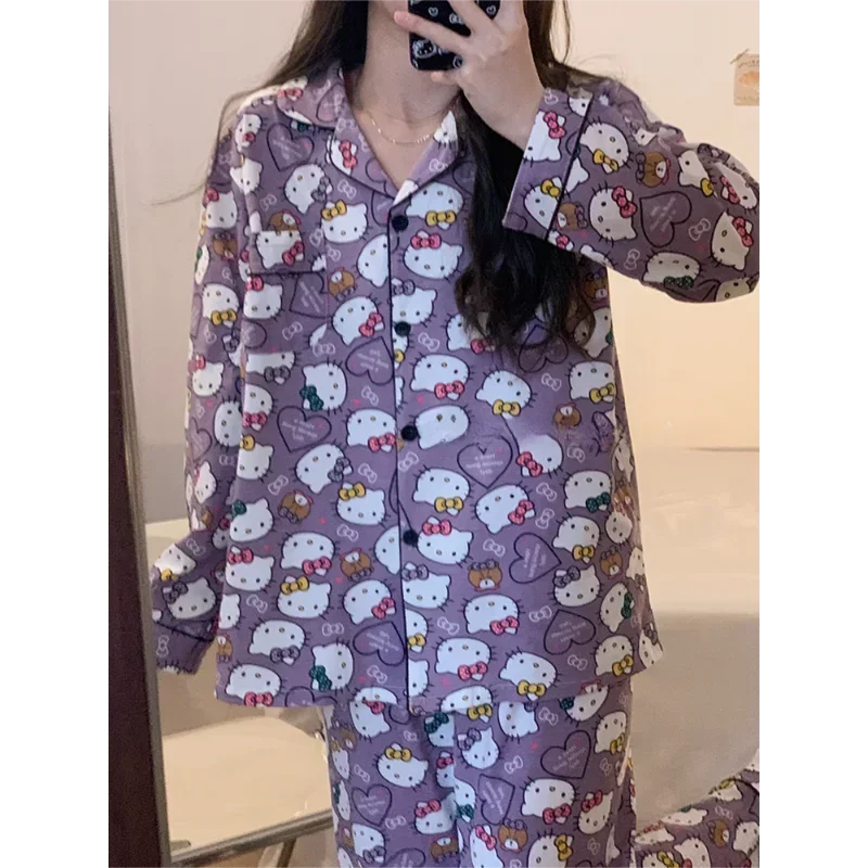 Sanrio HelloKitty Silk Pajamas Women's Autumn Cotton Long Sleeve Two-piece Set Casual Women's Pajamas Homewear Pajamas Pants Set