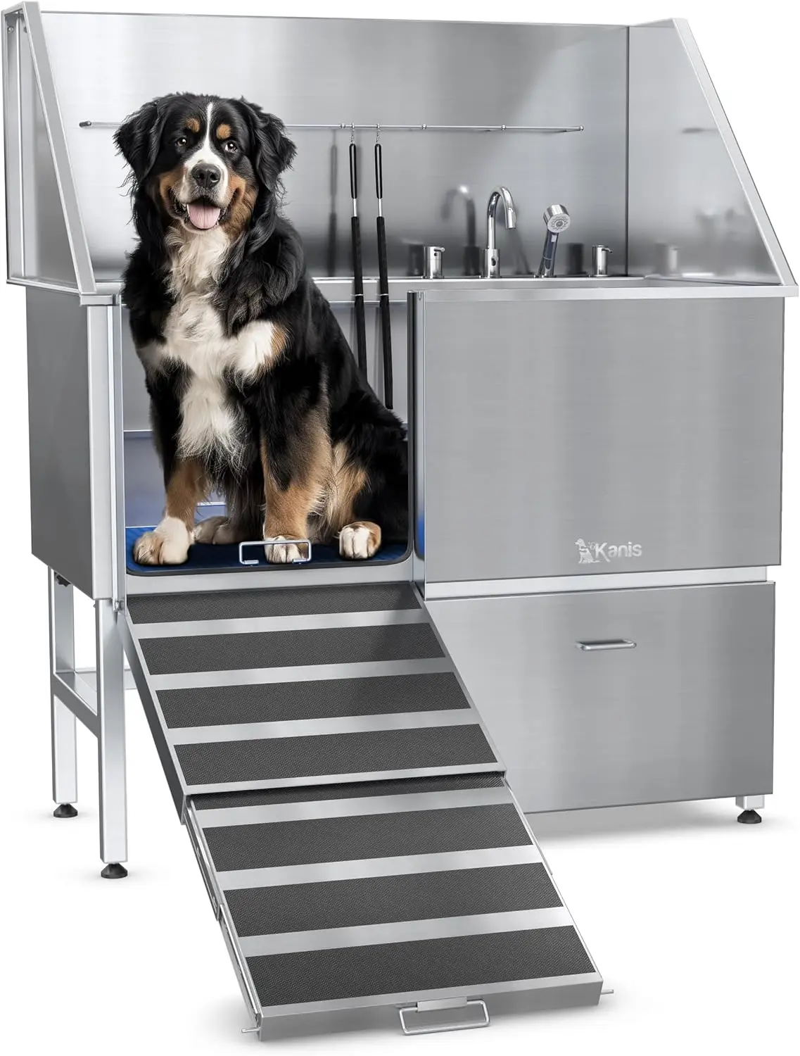 

KANIS Professional Stainless Steel Dog Bathing Station-Dog Grooming Tub w/Ramp,Storage Drawer, Floor Grate & Faucet/Dog Bathtub