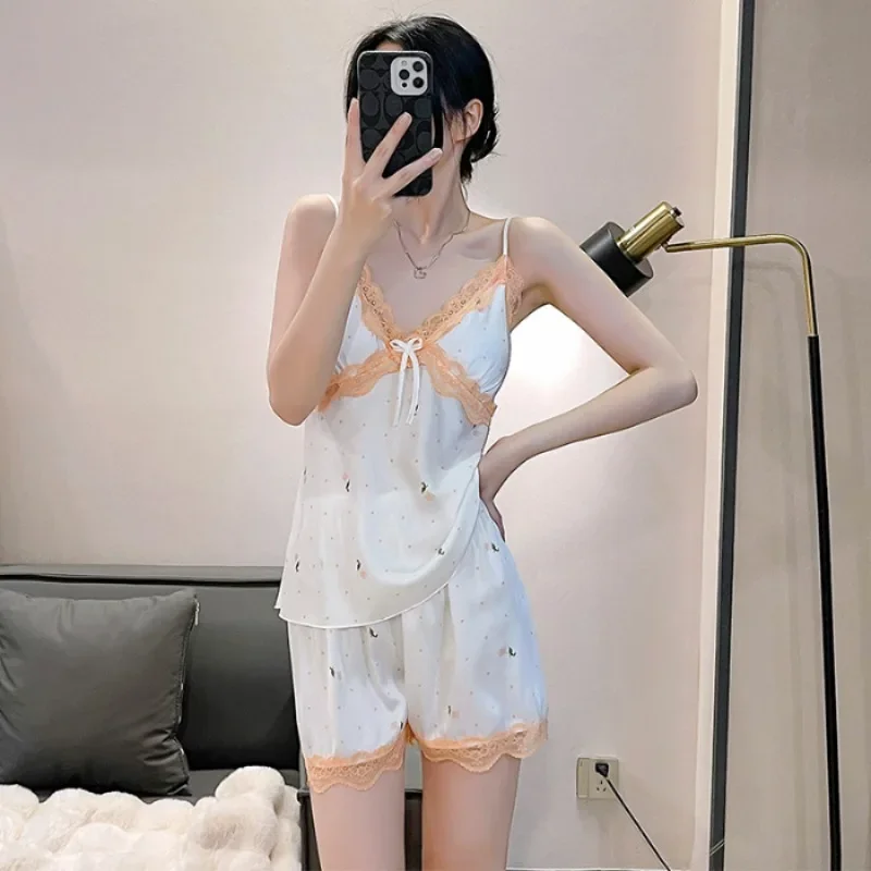 Summer Pajama Sets Women Panelled Sweet Lace Design Sexy Padded Sleepwear Aesthetic Home Korean Fashion Sleeveless Lounge Casual