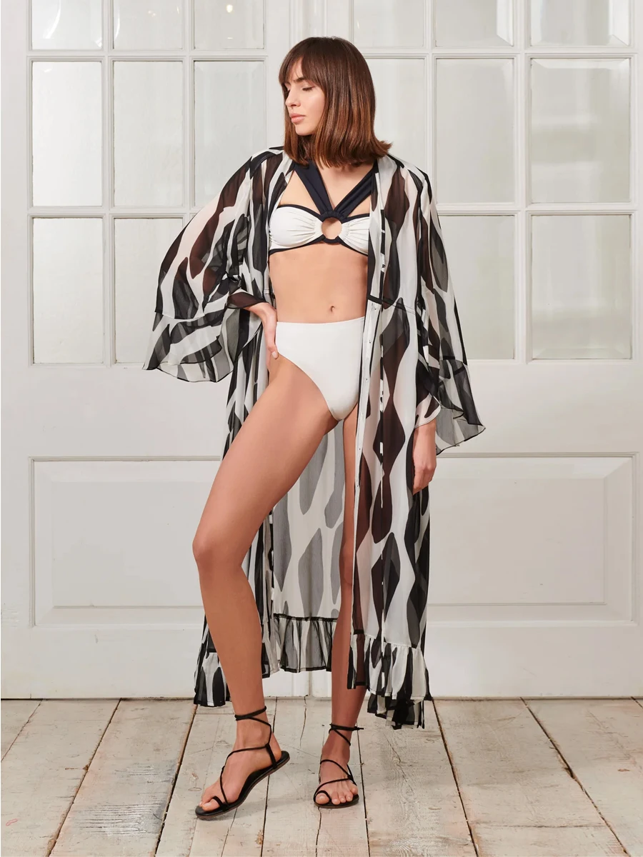 Modny Color Block jednoczęściowy strój kąpielowy 2024 trend długie rękawy Kimono damskie luksusowe stroje plażowe bikini seksowne stroje kąpielowe