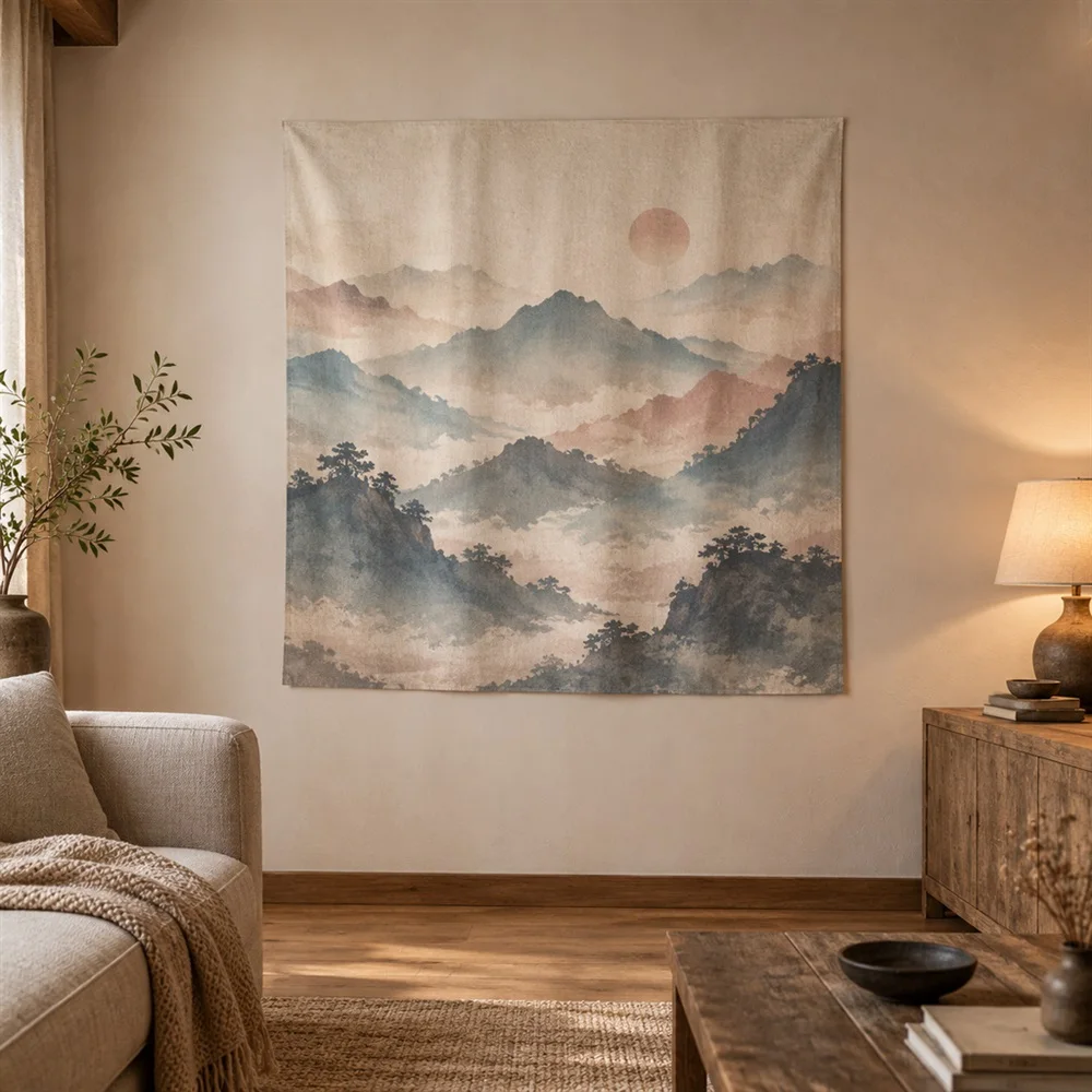 VIKAMA Muted Mountain Mist Allover Pattern Tapestry Wall Hanging, Wabi Sabi Wall Decor Tapestries for Bedroom Living Room Study