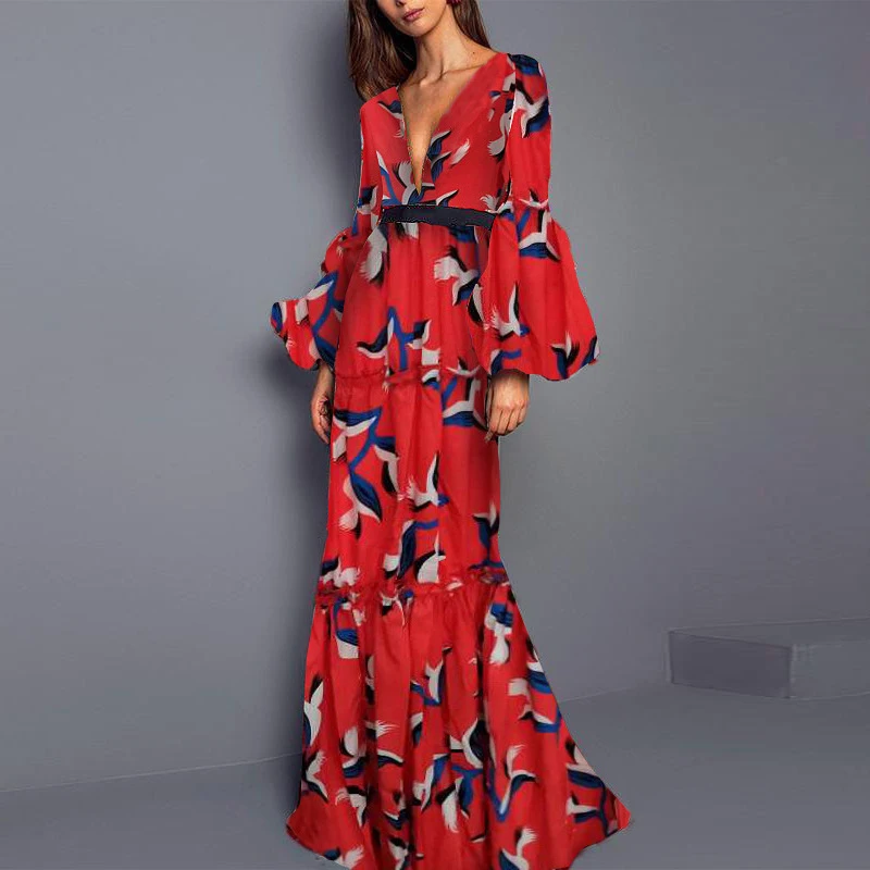 Women Elegant Party Long Dresses 2023 Sexy Deep V Flower Print Robe Dress Vintage Lantern Sleeve Pleated Bohemian Dress Vestidos