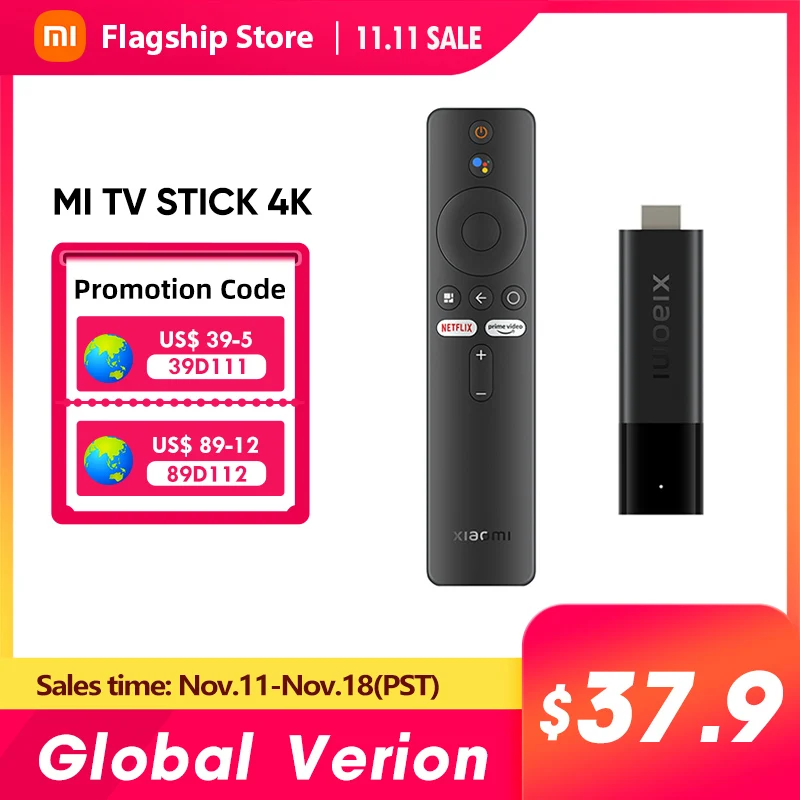 Global Version Xiaomi Mi TV Stick 4K Android TV 11 Quad-core 2GB RAM 8GB ROM Bluetooth Netflix Wifi Google Assistant Youtube Box