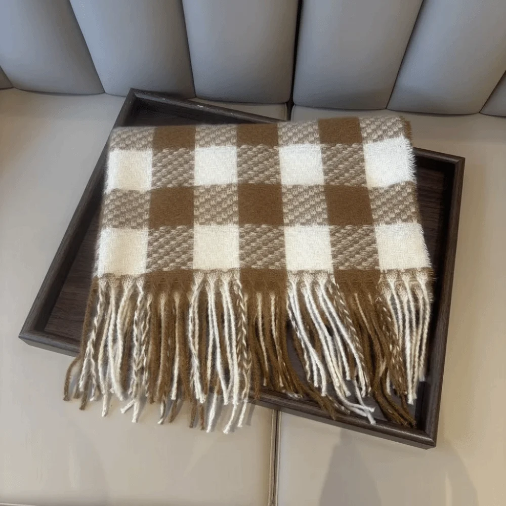 

Elegant Checkered Wool Tassel Scarf Korean Style Thicken Winter Cashmere Scarves Warm Long Women Cashmere Shawl Girls