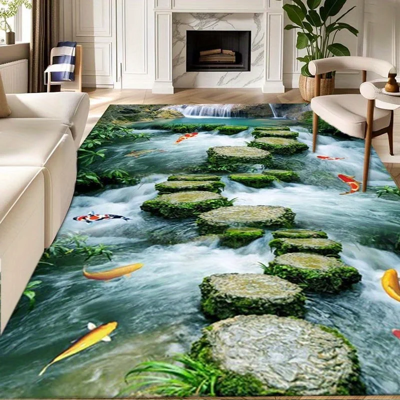 

Koi Pond Stepping Stones Rug Serene Water Garden for Relaxation Nature-Inspired Flooring Anti slip carpet can be machine washed