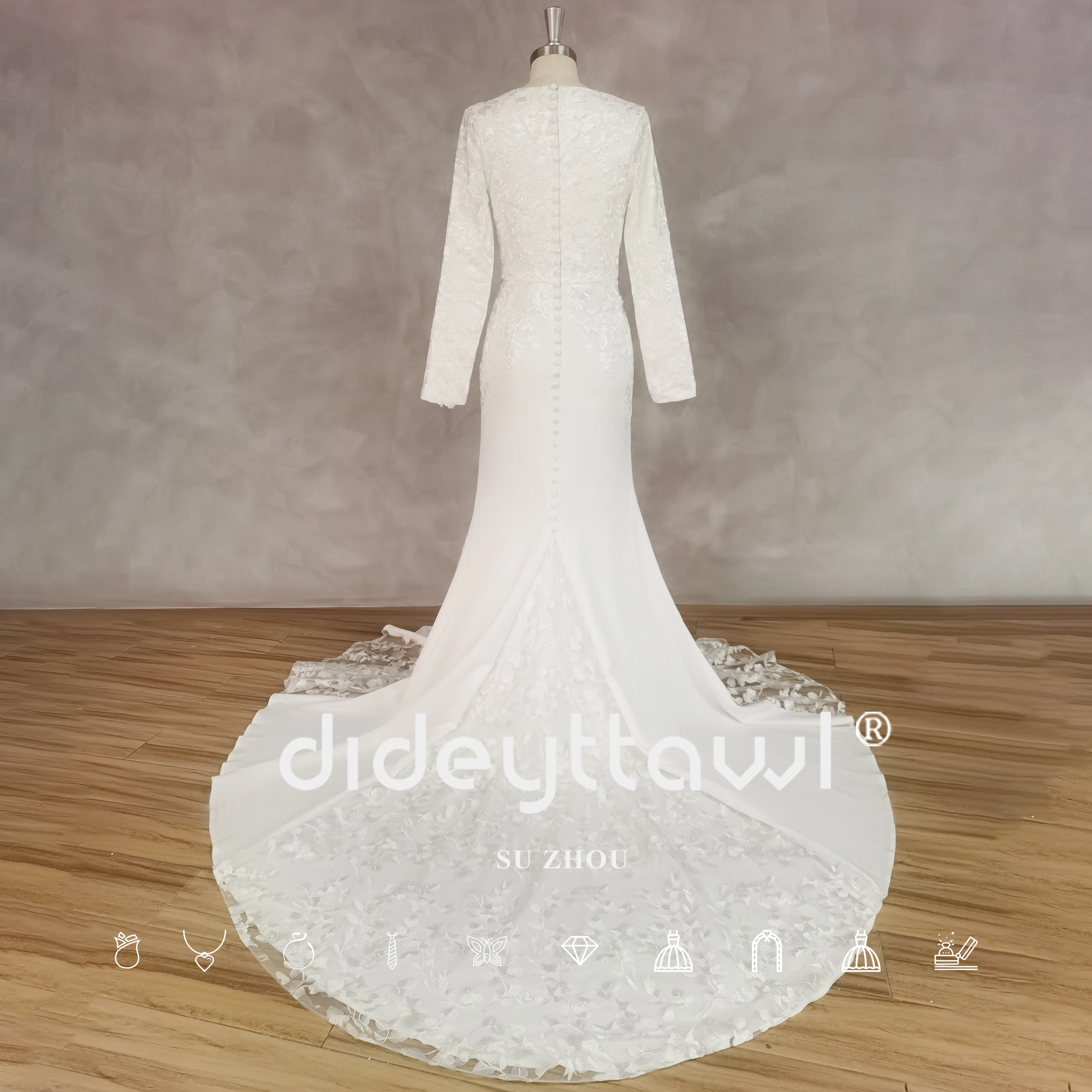 DIDEYTTAWL Customized Real Picture O-Neck Long Sleeves Appliques Mermaid Wedding Dress Muslim Buttton Zipper Back Bridal Gown